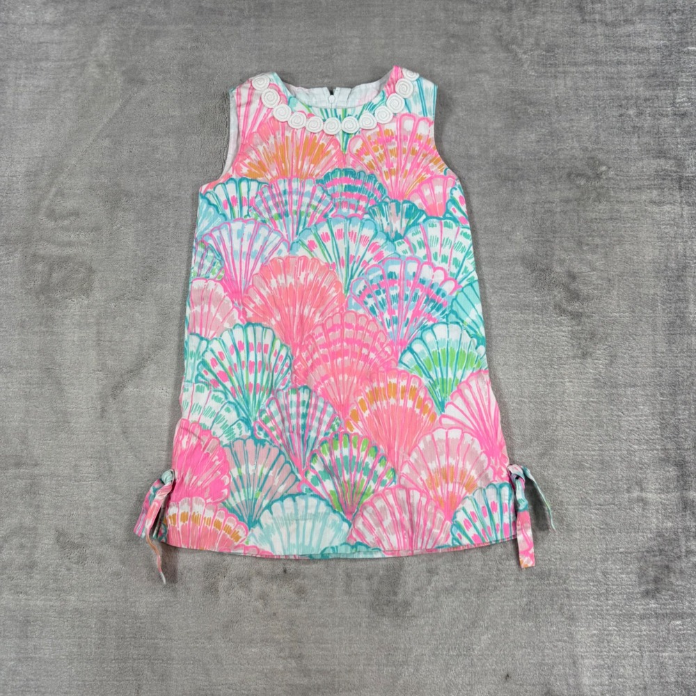 Lilly Pulitzer Dress Girls 7 Pink Seashell Print Shift Rosette Trim Side Ties
